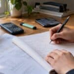 Two hands rest on a desk beside an open notebook, a pencil, a mug of tea, a calculator, and a phone with a blurred screen.